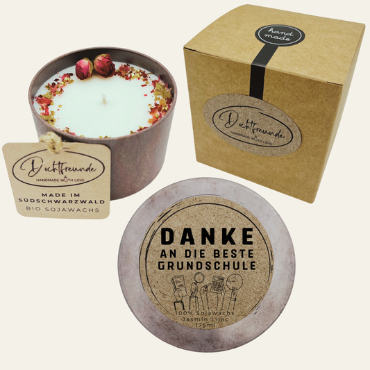 Handgemachte Duftkerze „Danke Beste Grundschullehrerin“ – handmade von DochtFreunde (Bild 1)