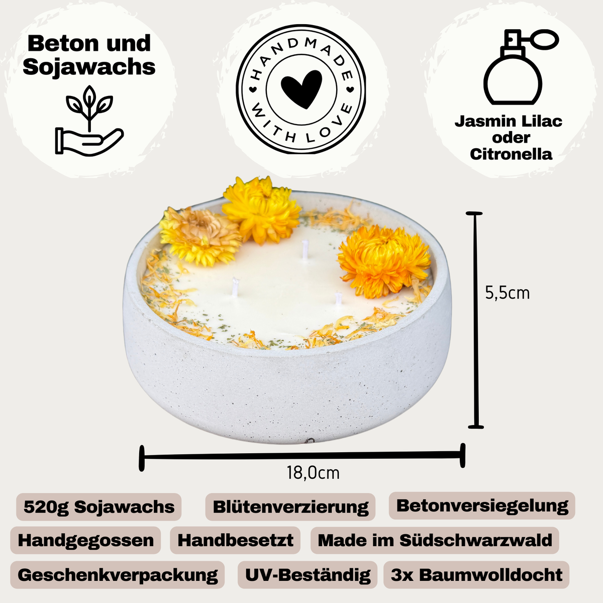 XL Citronella Outdoor Kerze in Betonschale – 3-Docht Kerze mit echten Blüten – 520g Sojawachs