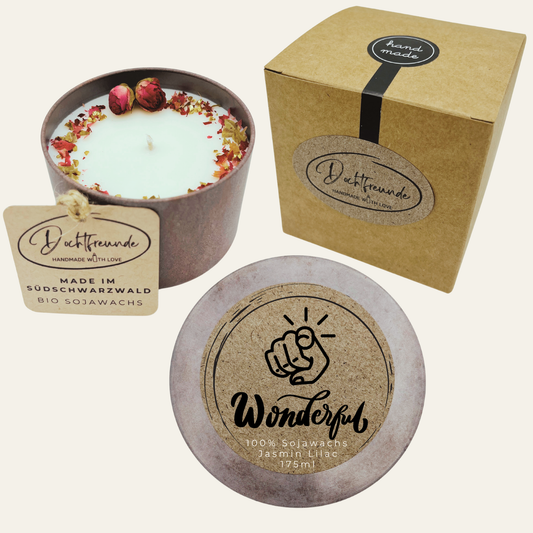 Handgemachte und personalisierbare Duftkerze „Du bist wunderbar“ – handmade von DochtFreunde (Bild 1)