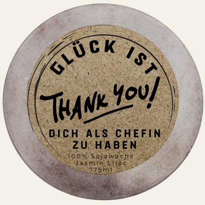 Personalisierte Duftkerze mit Deckel „Glück ist dich als Chefin zu haben“ – handmade von DochtFreunde (Bild 3)