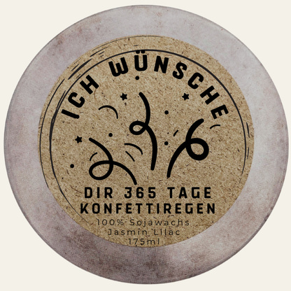 Personalisierbare Duftkerze „Ich wünsche dir 365 Tage Konfettiregen“ Freude – handmade von DochtFreunde (Bild 4)