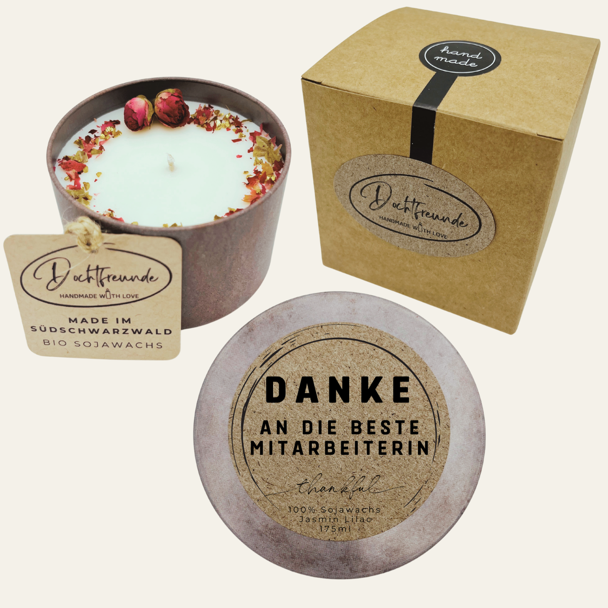 Handgemachte Duftkerze „Danke Beste Mitarbeiterin“ – handmade von DochtFreunde (Bild 1)