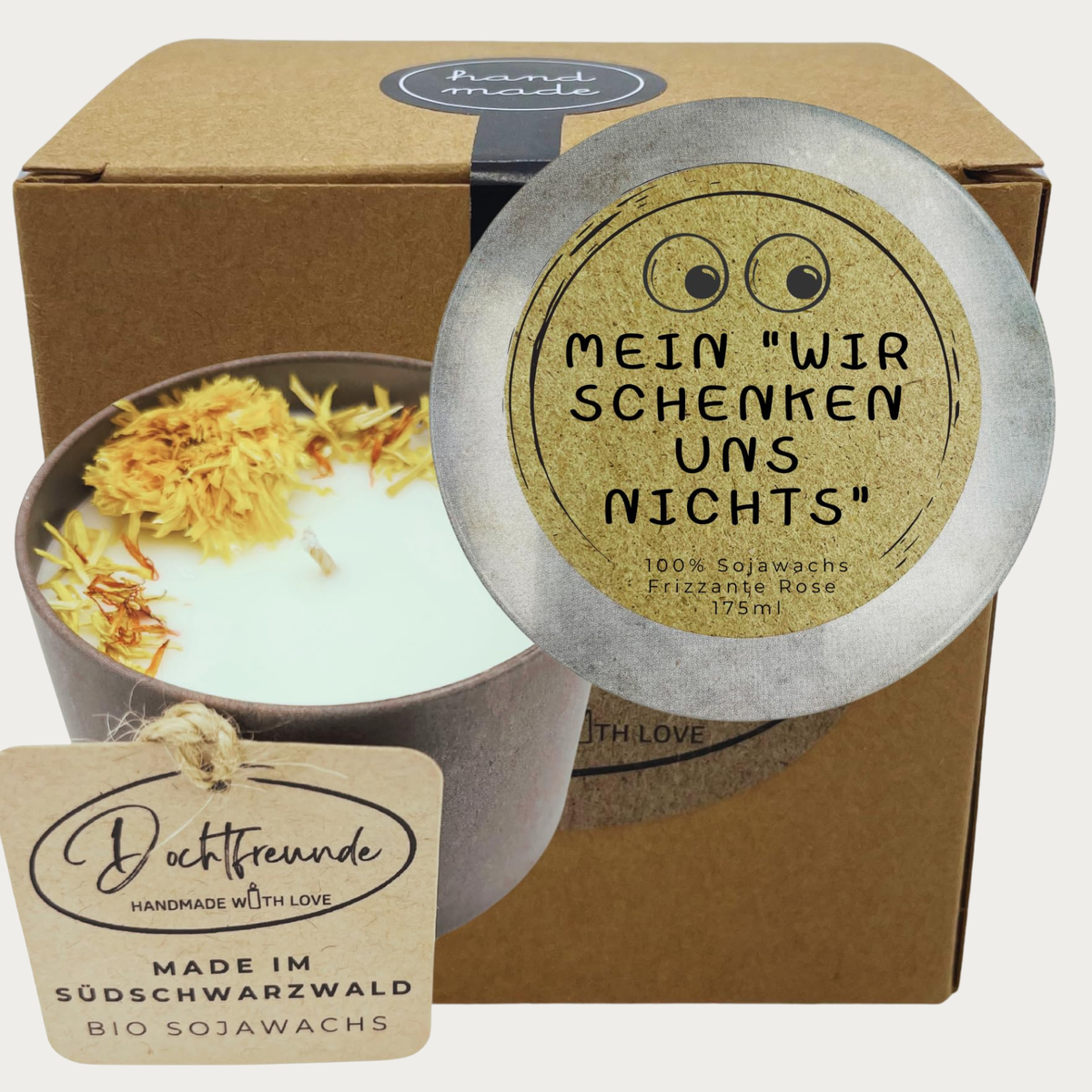 Wir schenken uns nichts Geschenk Duftkerze mit lustigen Augen dekoriert