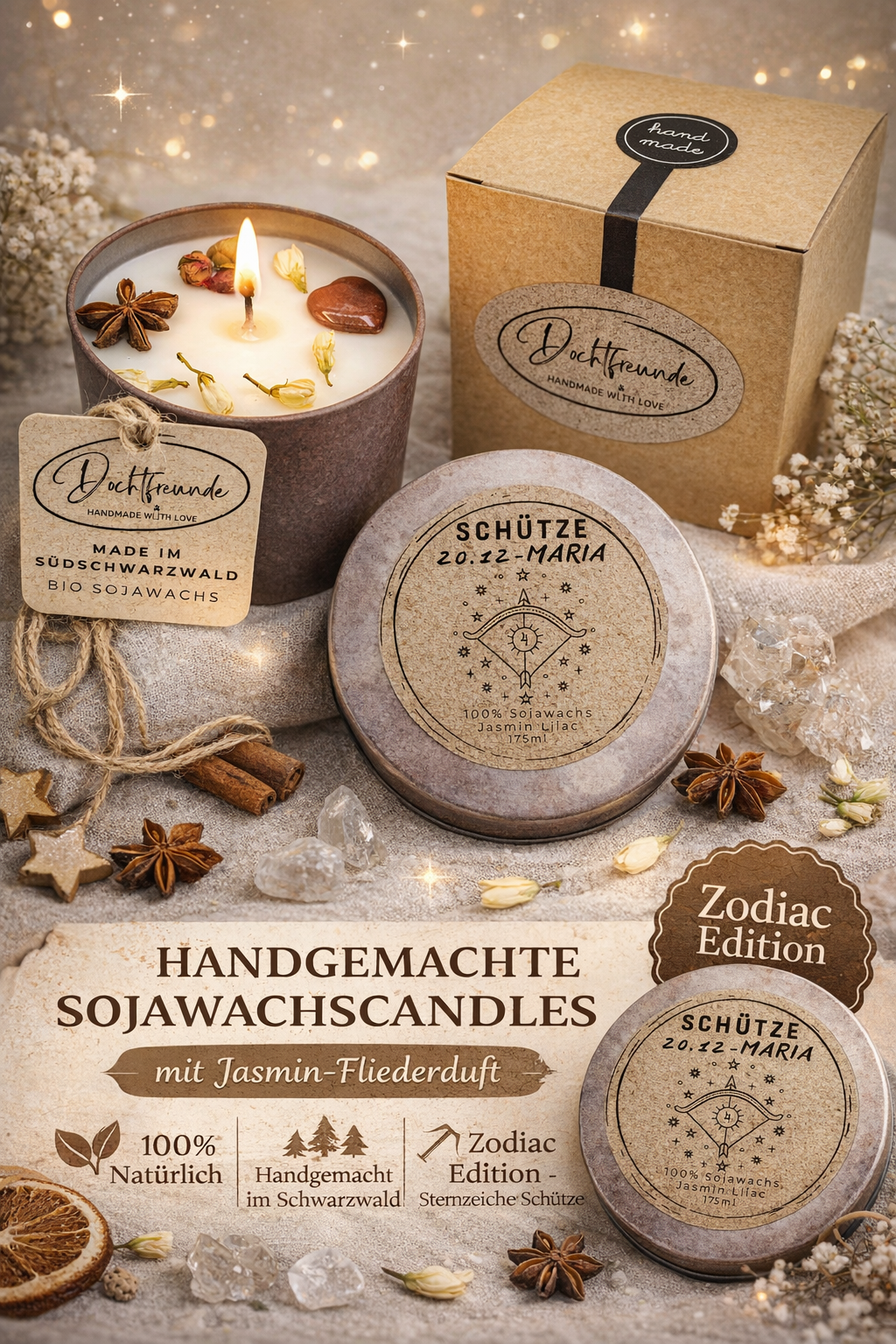Handgemachte Sojawachskerze von DochtFreunde in Metalldose mit Sternzeichen Schütze, dekoriert mit Blüten und Naturmaterialien, inklusive Geschenkbox, aus dem Schwarzwald