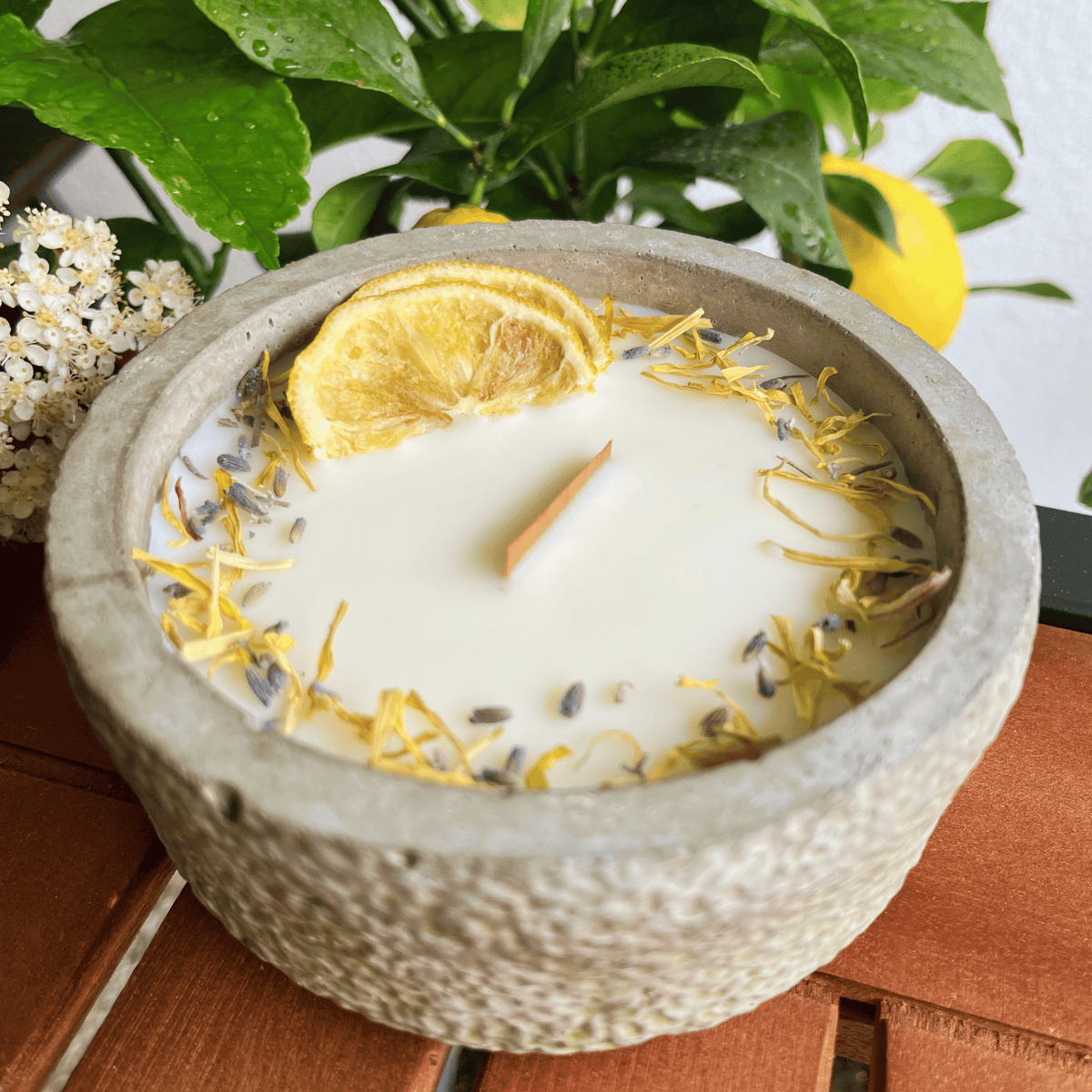 Limitierte Einzelstücke: Outdoor Citronella-Betonkerze „Mugge Schreck“ – handgemacht im Südschwarzwald mit Blütenverzierung, DochtFreunde
