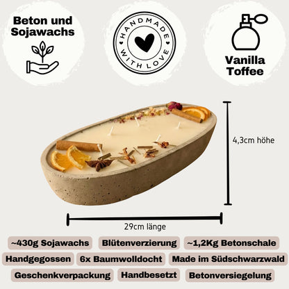 Kerzenschale Beton „Vanilla Toffee“ – Mehrdochtkerze mit Winterdeko