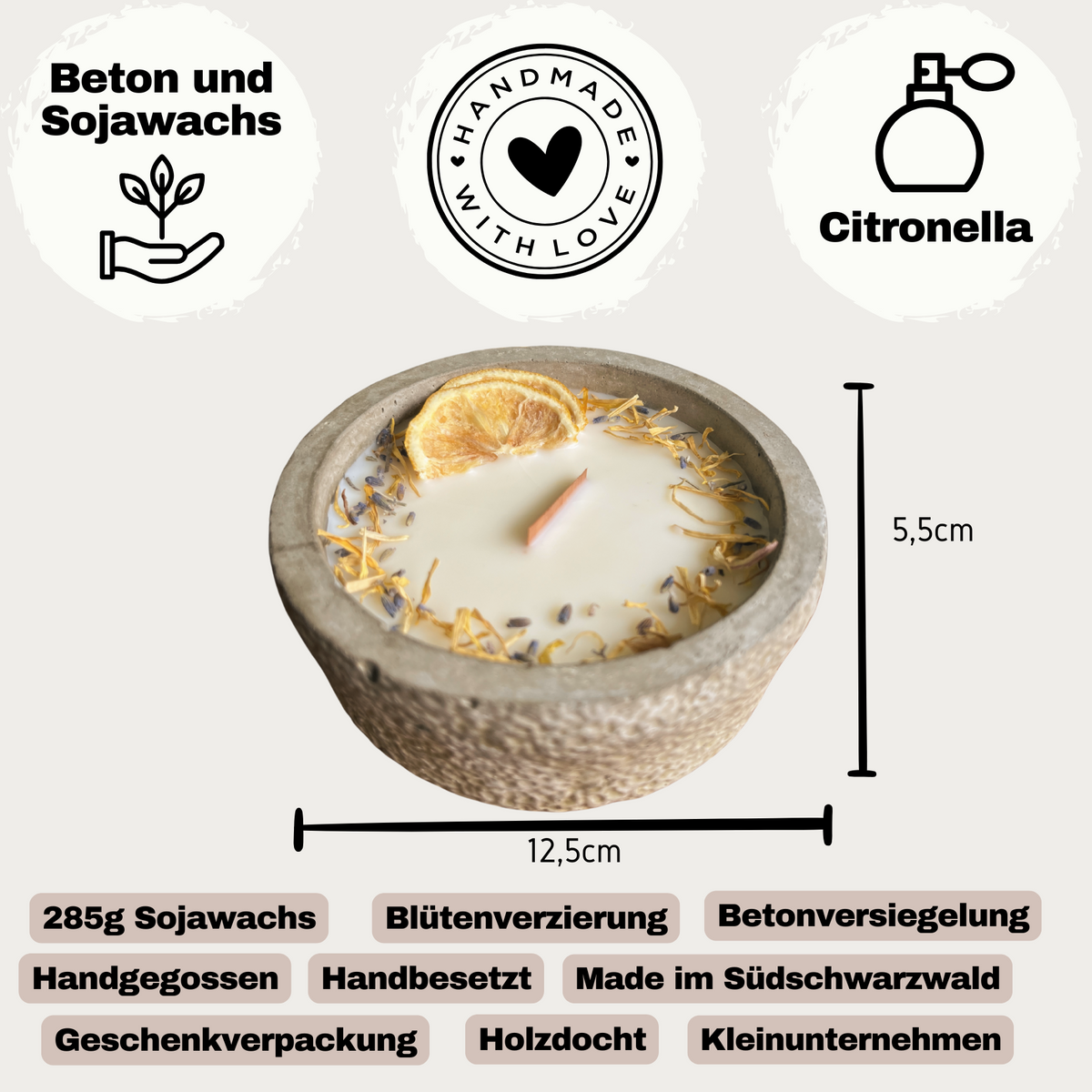 HANDGEMACHTE Citronella BETONKERZE Schwarz - Stilvolle Sojawachskerze für Ihr – handmade von DochtFreunde (Bild 3)