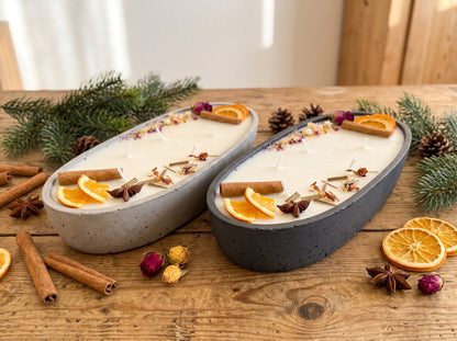 Kerzenschale Beton „Vanilla Toffee“ – Mehrdochtkerze mit Winterdeko