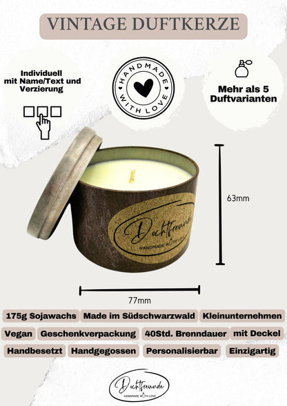 Vintage-Duftkerze mit Deckel in Metalldose, Maße 77 mm Durchmesser und 63 mm Höhe, 175 g Sojawachs, 40 Stunden Brenndauer