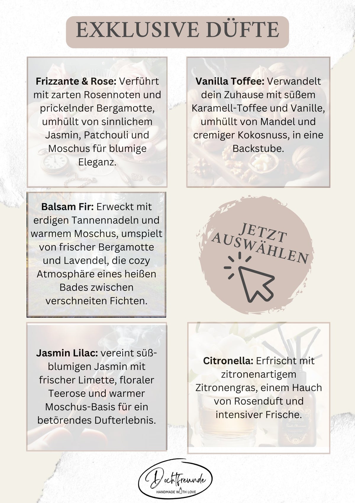 Duftauswahl für Kerzen mit Frizzante & Rose, Vanilla Toffee, Balsam Fir, Jasmin Lilac und Citronella samt Duftbeschreibung